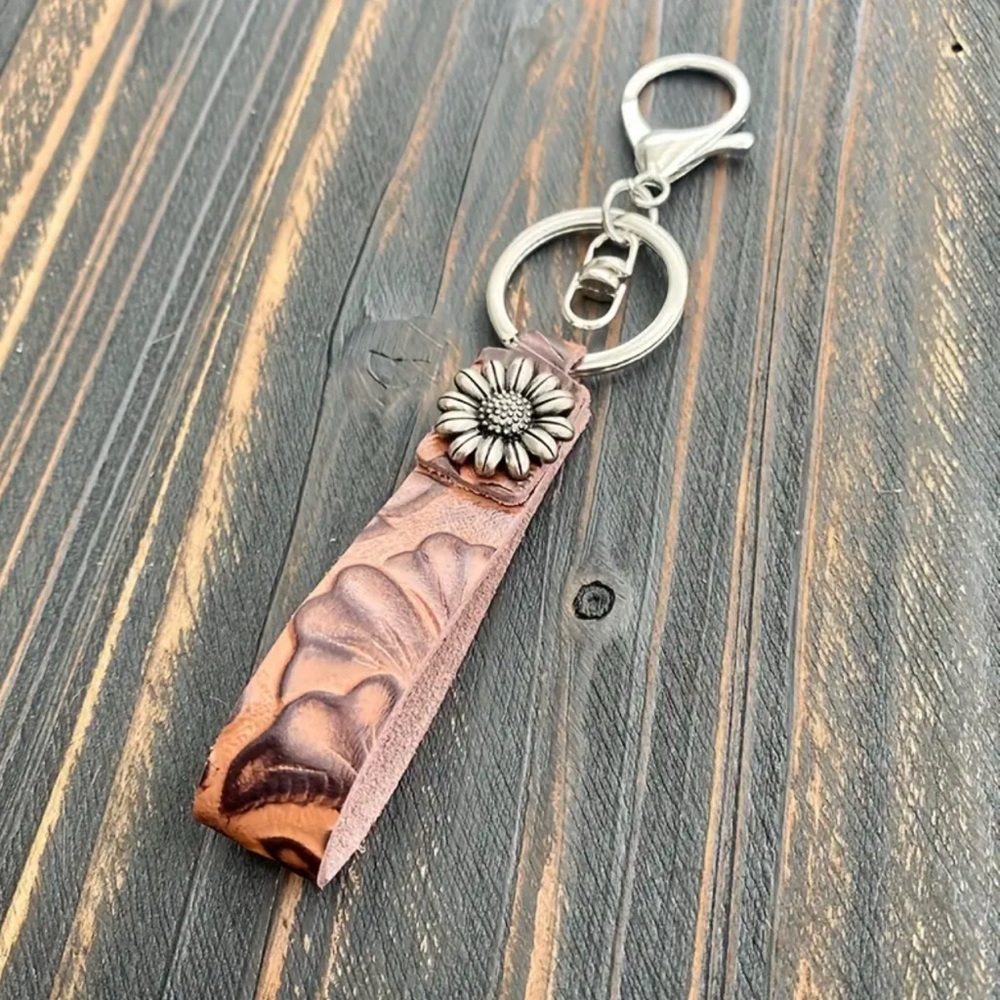 Brown Leather Key Holder with Floral Accent